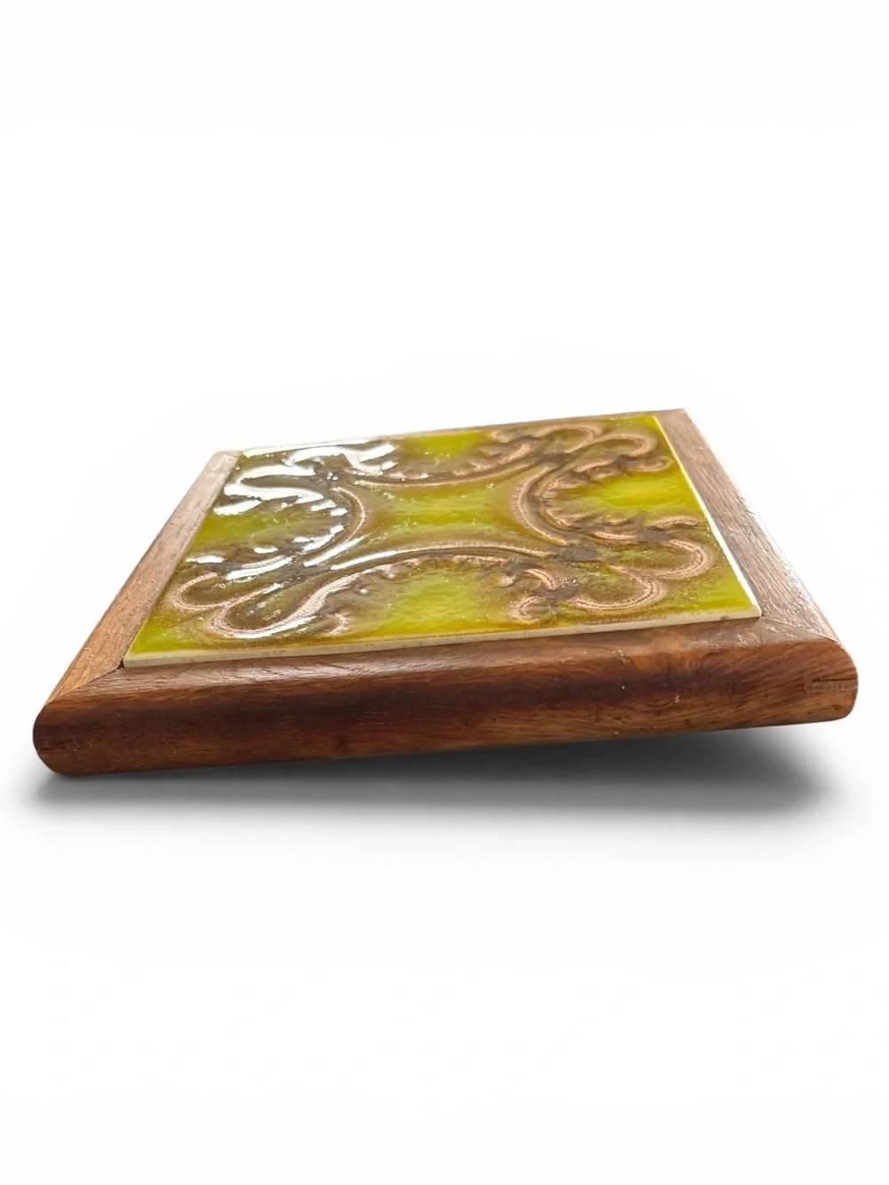 VTG German Trivet Ceramic Art Nouveau Psychedelic Floral Inspired Wood Framed